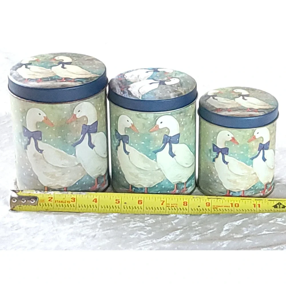 Vtg Country Geese Nesting Tin Canisters Set of 3 Blue Bows Farmhouse Decor
